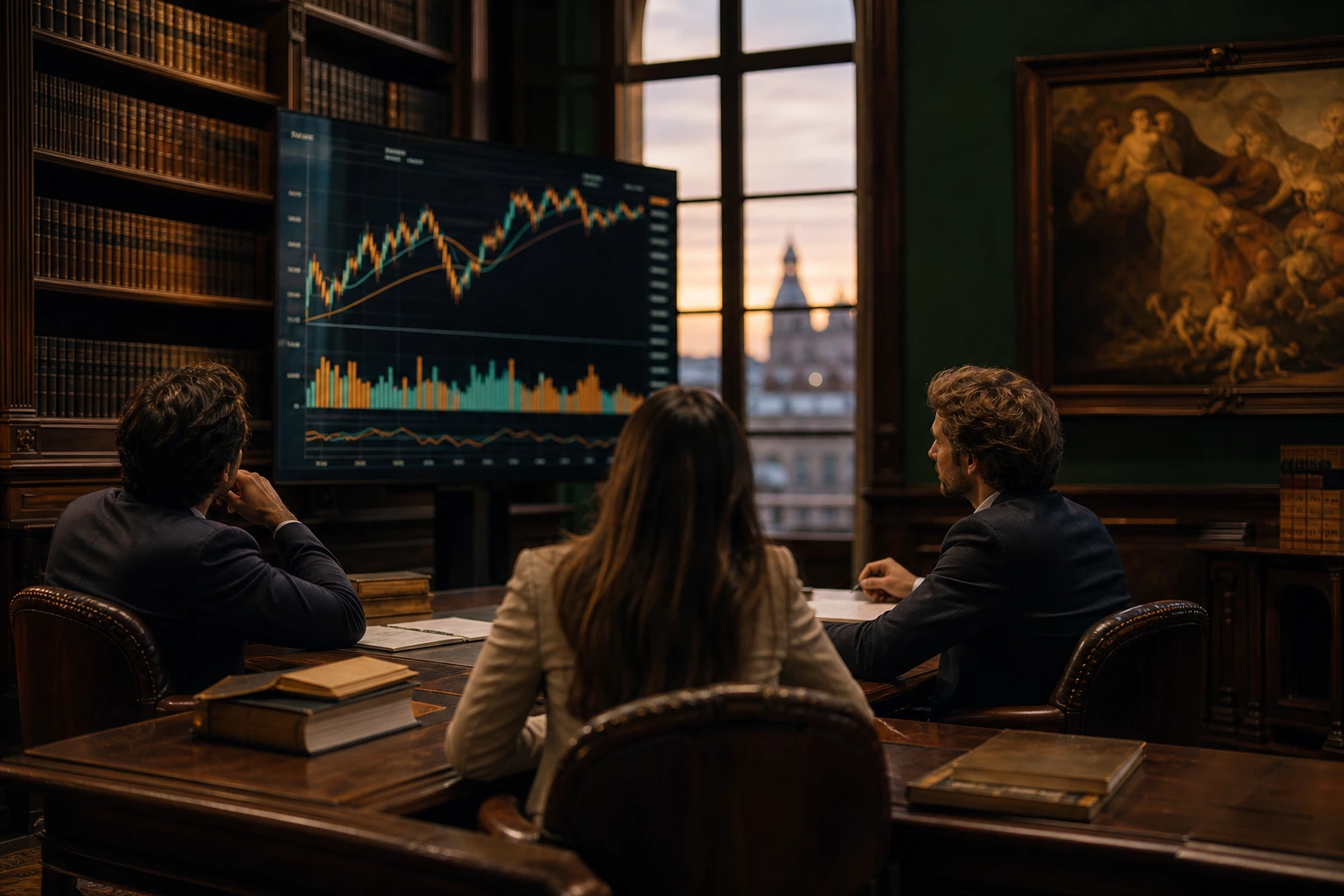 Grupo de estudio analizando gráficos en una biblioteca